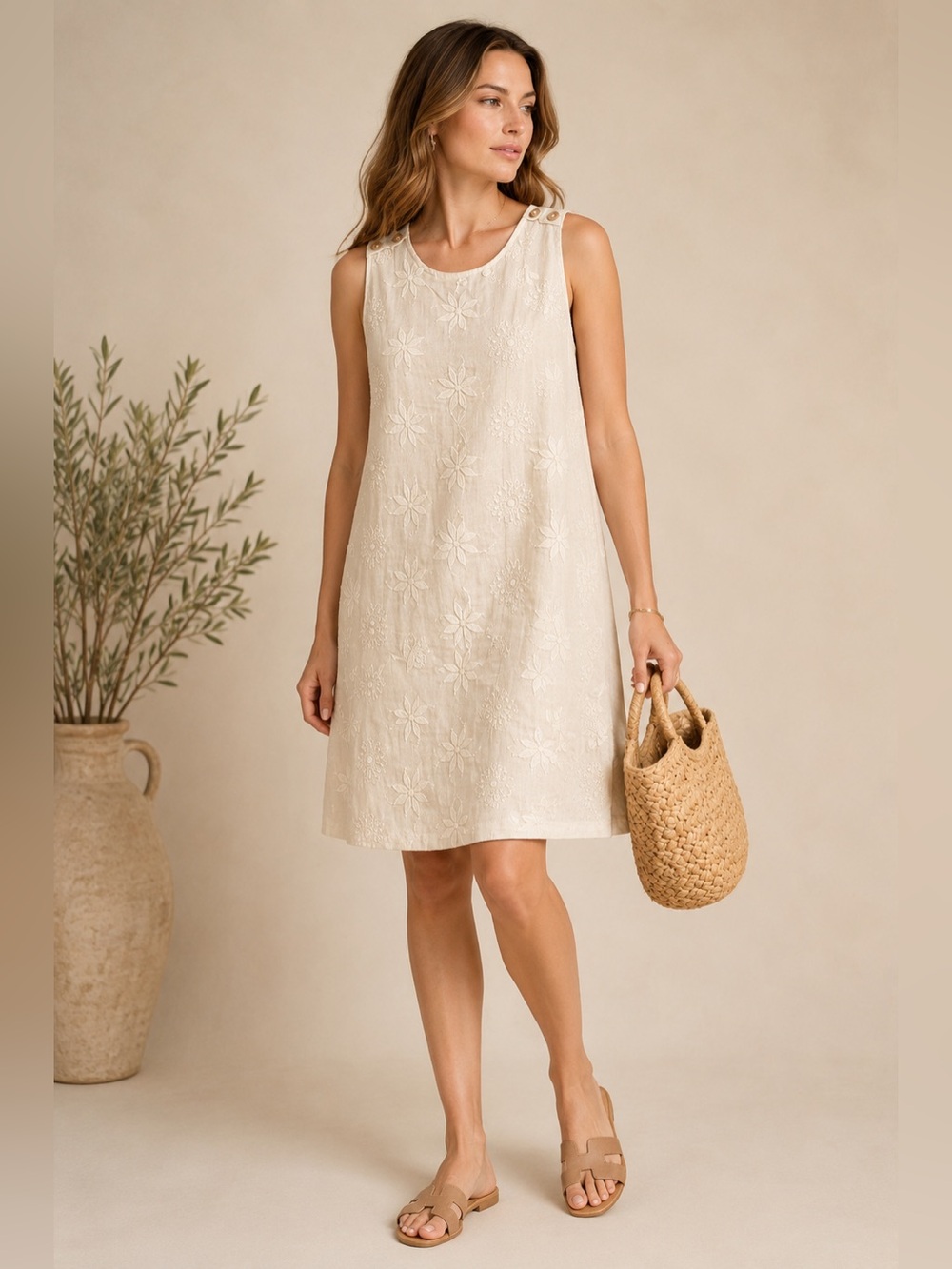 Made in Italy Linen Embroidered Shift Dress Coastal Resort Luxury